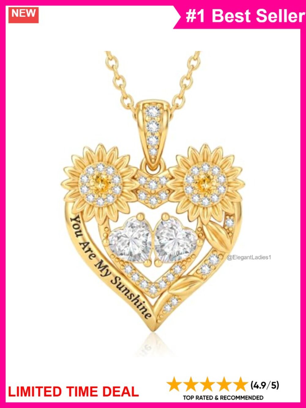 14K Gold Plated Heart Necklace Cubic Zirconia Pendant 18+2" Chain Gift